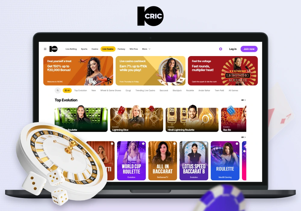The 10CRIC live casino in India allows users to play games with live dealers